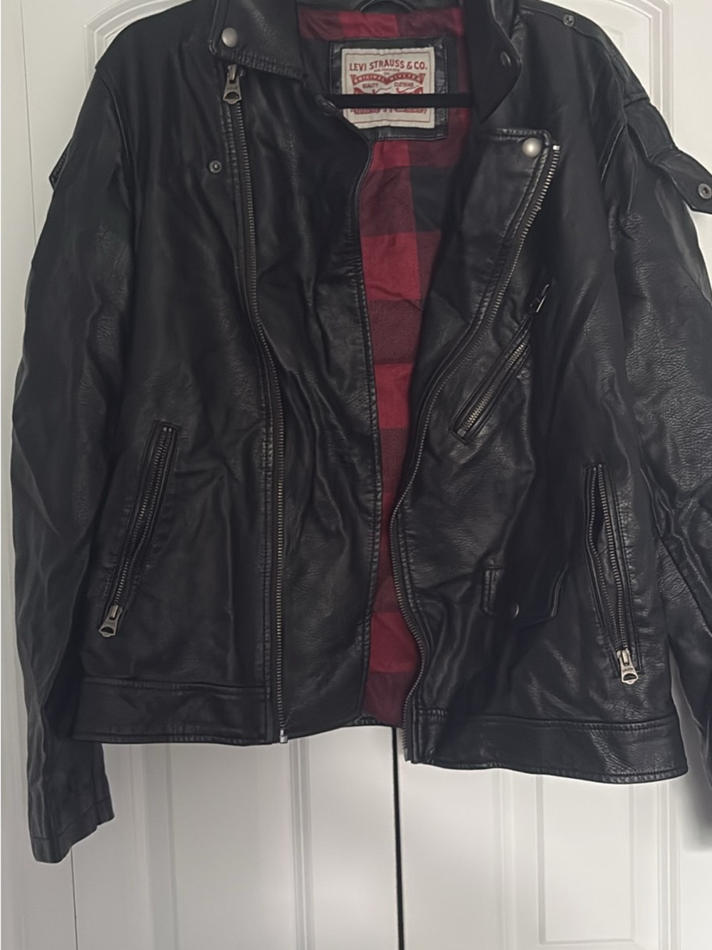 Levi's Black Leather Bomber Jacket with Red Plaid Lining